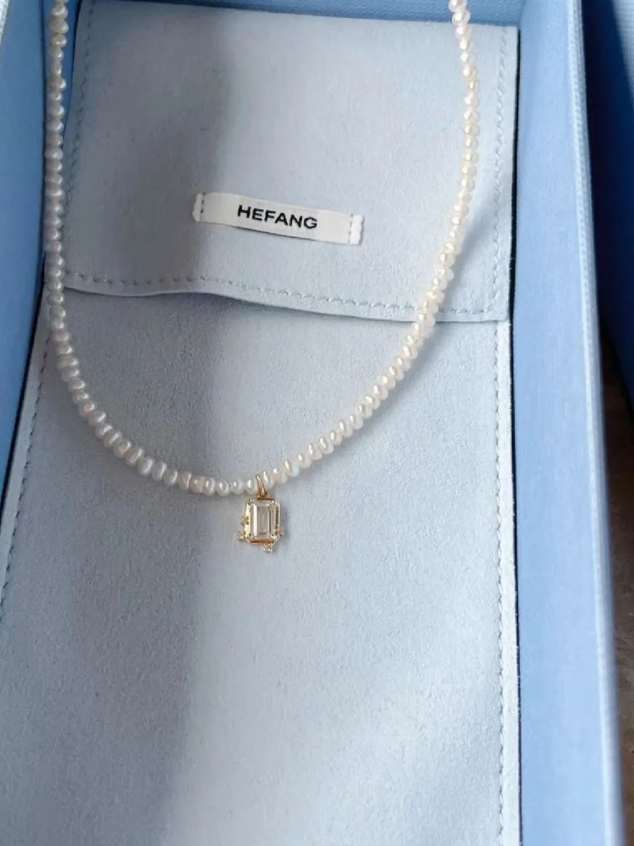 HEFANG White Gold Pearl Strand Rectangular Crystal Pendant Necklace 5