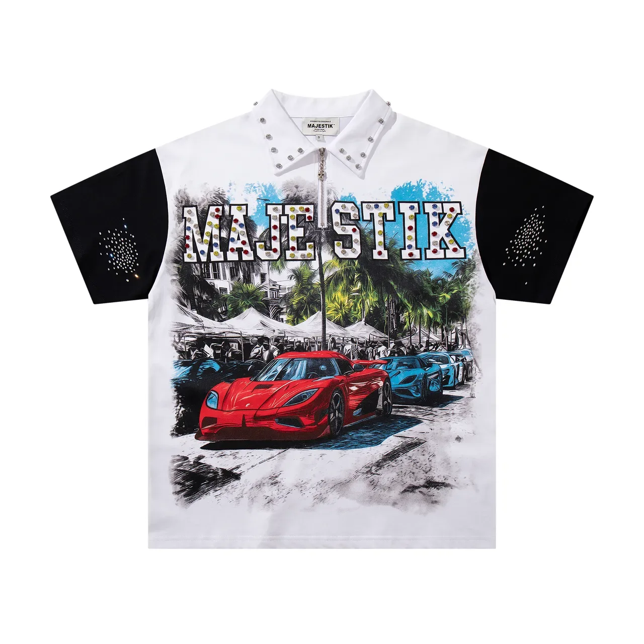 MAJESTIK Graphic Print Rhinestone-Embellished Collared Zip-Front Shirt 3