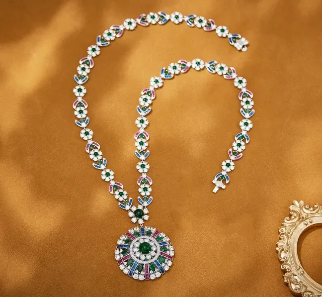 Multicolor Floral Motif Emerald Sapphire Ruby Diamond Pendant Necklace 1