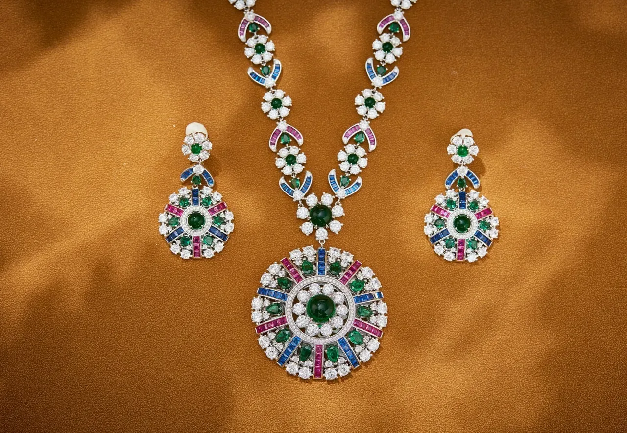 Multicolor Floral Motif Emerald Sapphire Ruby Diamond Pendant Necklace 6