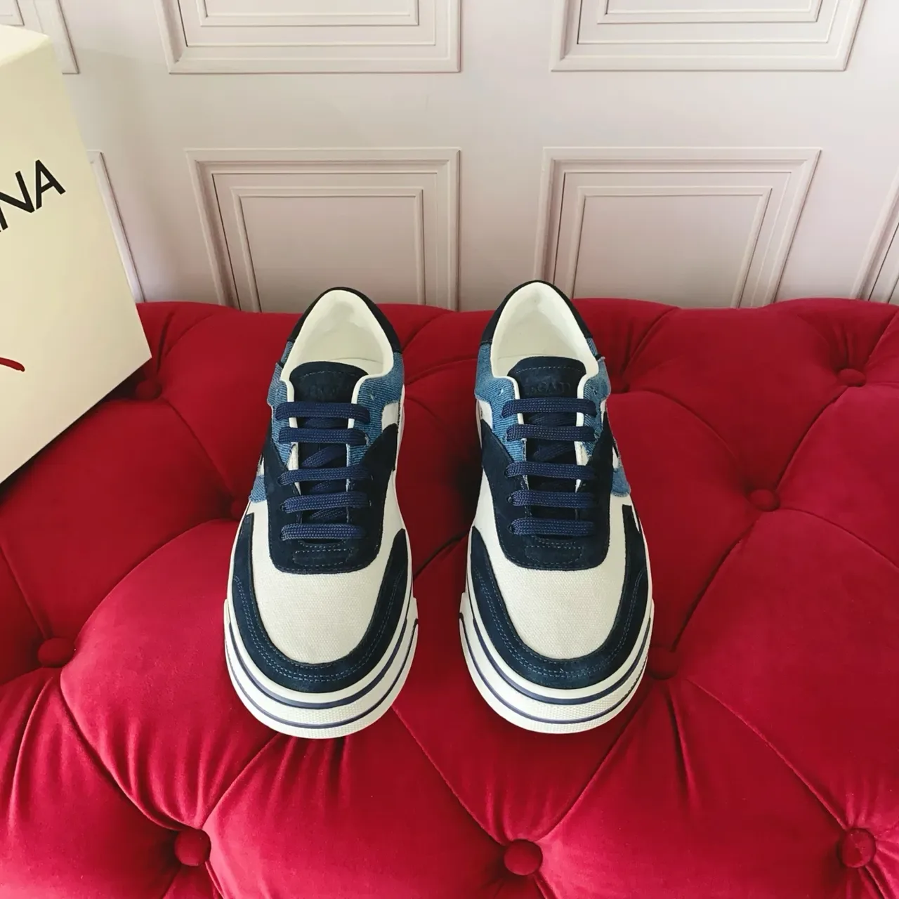 Navy and White Denim-Suede Panel Sneakers 5