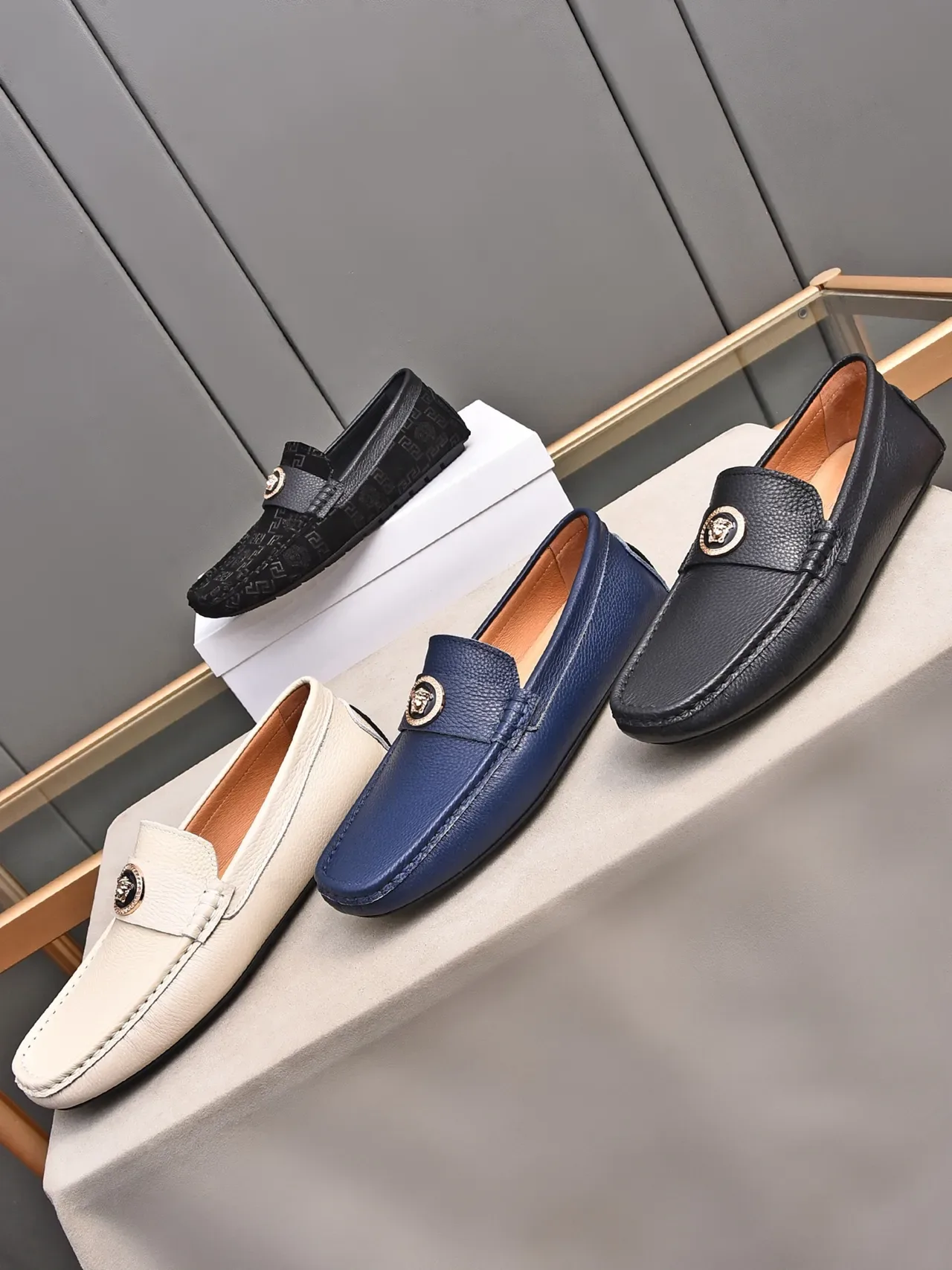 Navy Beige Pebbled Leather Upper Metal Medallion Accent Loafer 2