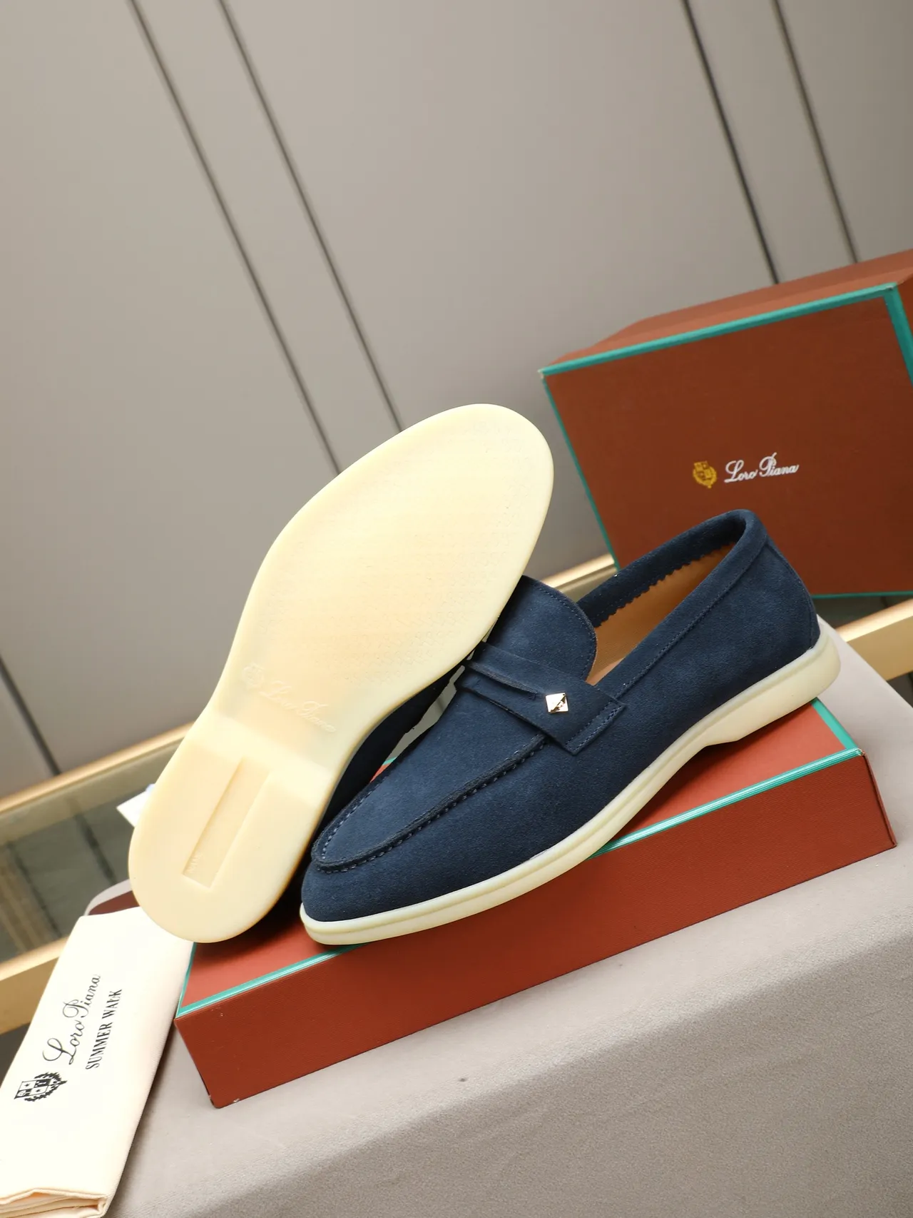 Navy Beige Suede Penny Strap Loafer 4