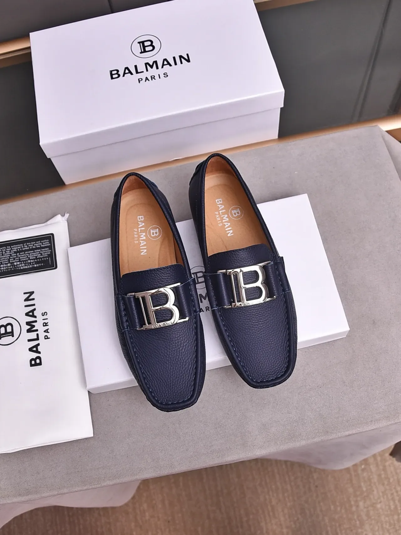 Navy Blue Pebbled Leather Metal Bit Strap Loafer 3