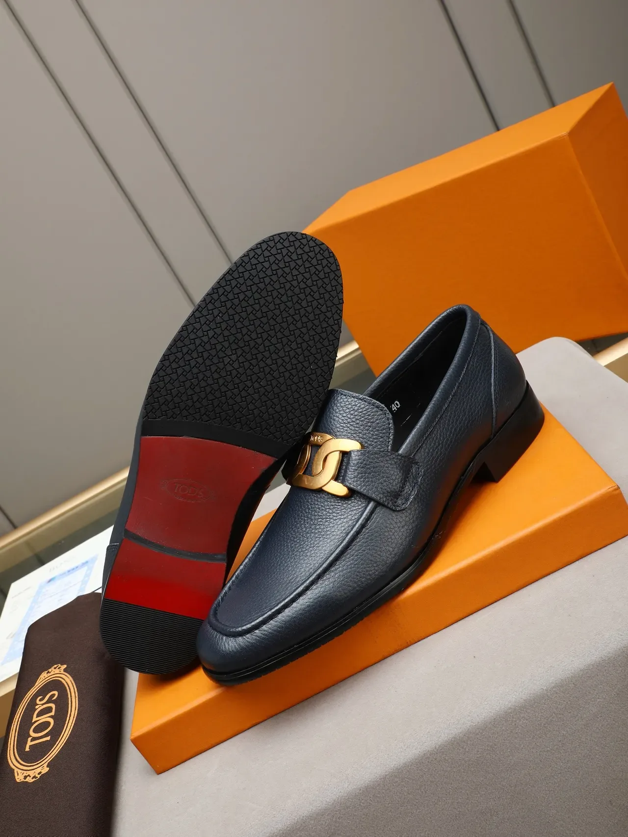 Navy Gold Pebbled Leather Horsebit Buckle Loafer 4