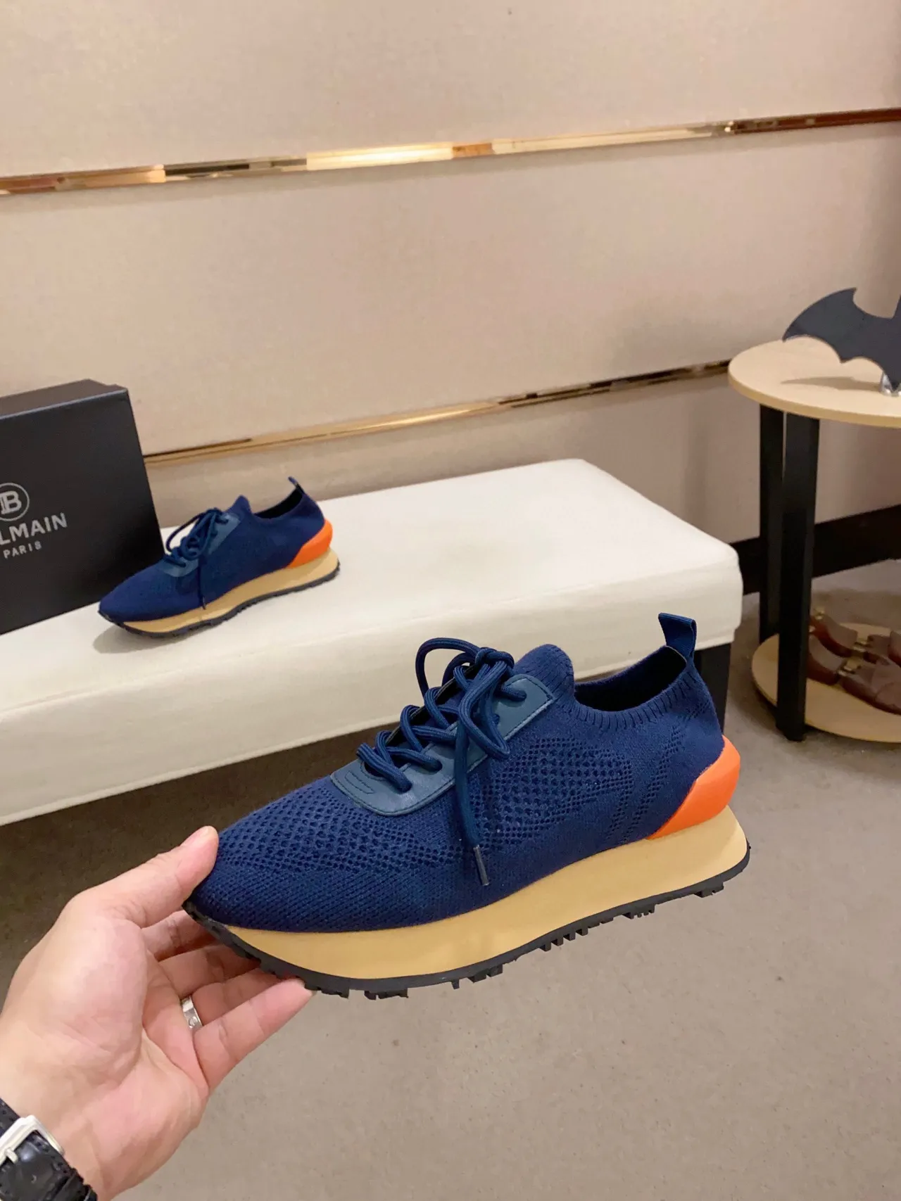 Navy Orange Knit Upper Layered Midsole Sneakers 6