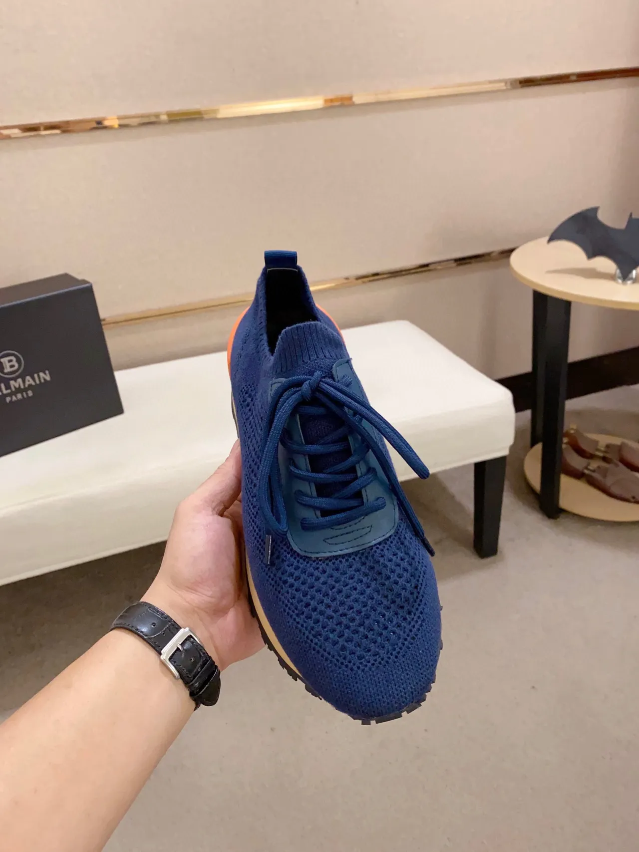 Navy Orange Knit Upper Layered Midsole Sneakers 9