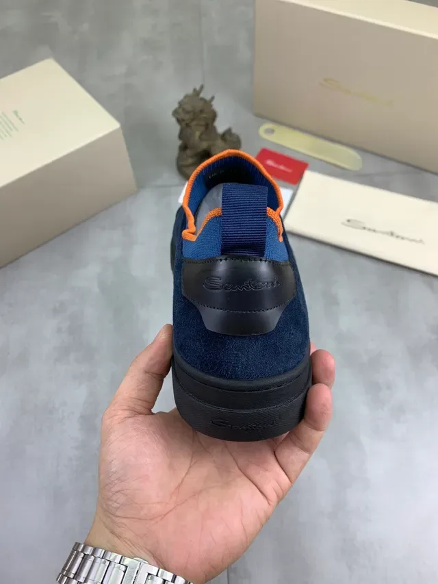 Navy Orange Suede Upper Flat Rubber Sole Sneakers 4