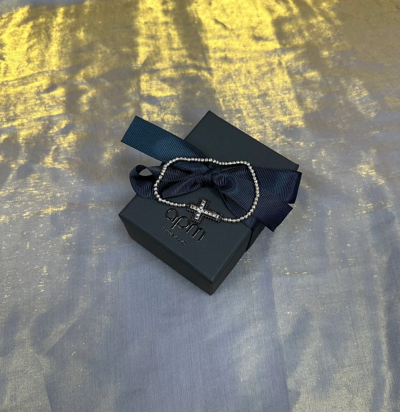 Navy Silver Pavé-Set Cross Pendant Beaded Chain Link Bracelet 3