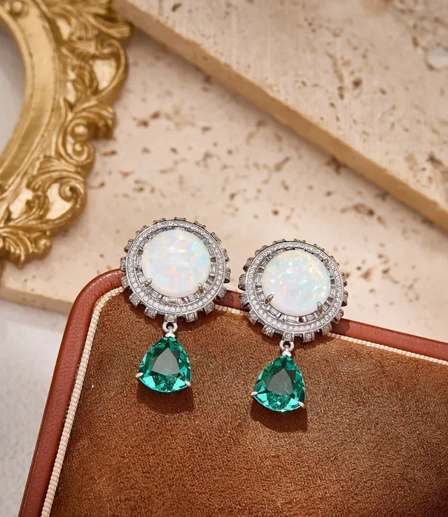 Opal and Emerald Halo Drop Earrings 7