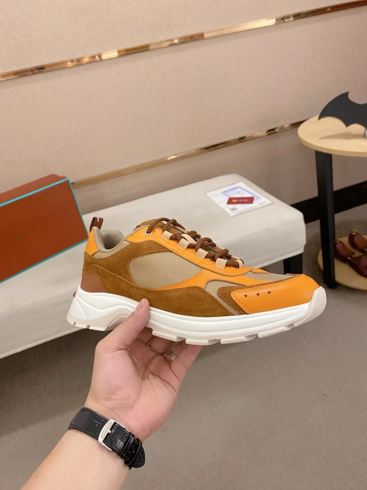 Orange Brown Beige Multi-Material Chunky Sole Lifestyle Sneaker 4