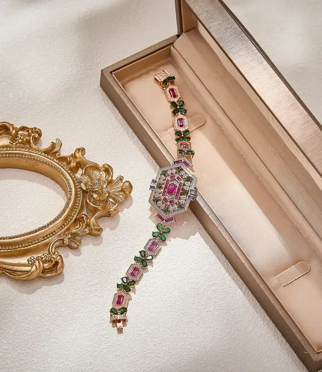 Ornate Gold-Tone Octagonal Pink and Green Gemstone Bracelet 1