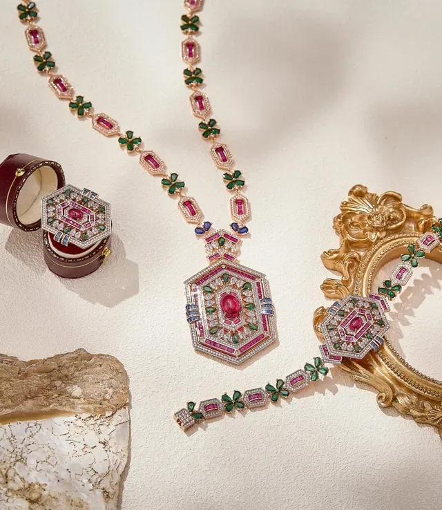 Ornate Gold-Tone Octagonal Pink and Green Gemstone Bracelet 4