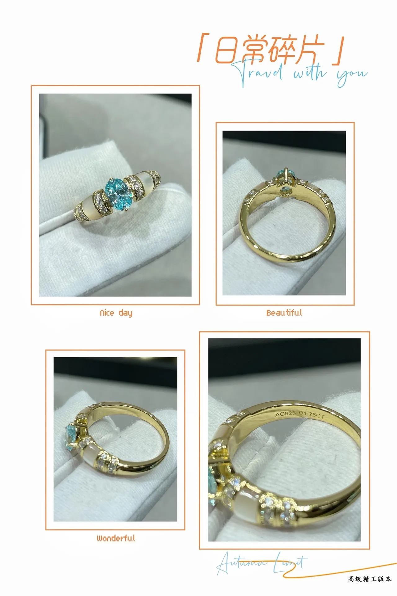 Oval Blue Topaz and Mother-of-Pearl Pavé Ring 2