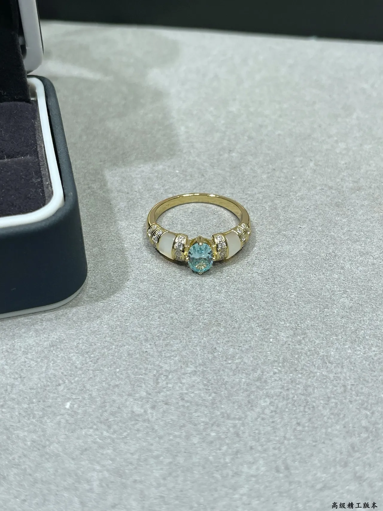 Oval Blue Topaz and Mother-of-Pearl Pavé Ring 5