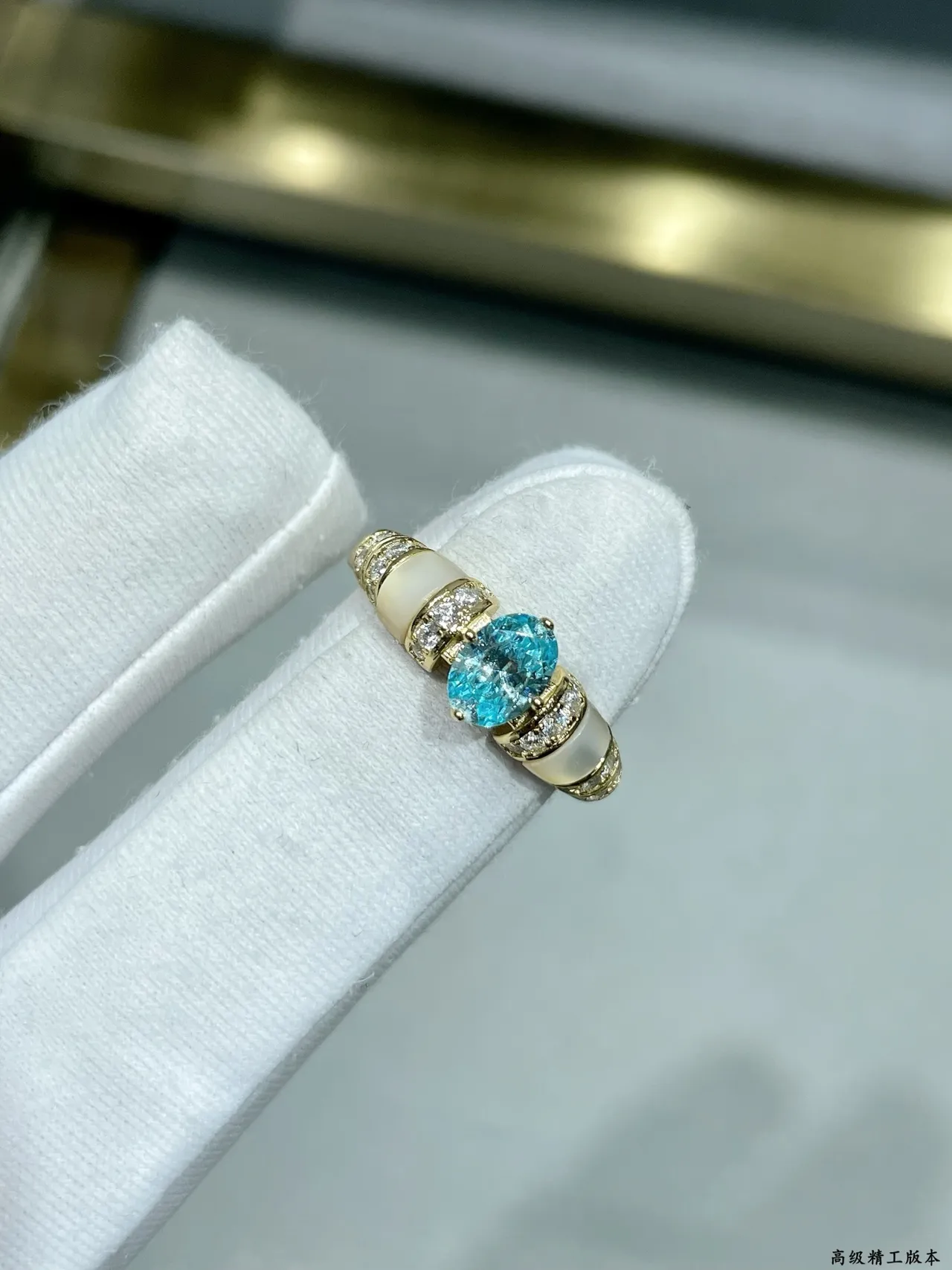 Oval Blue Topaz and Mother-of-Pearl Pavé Ring 6