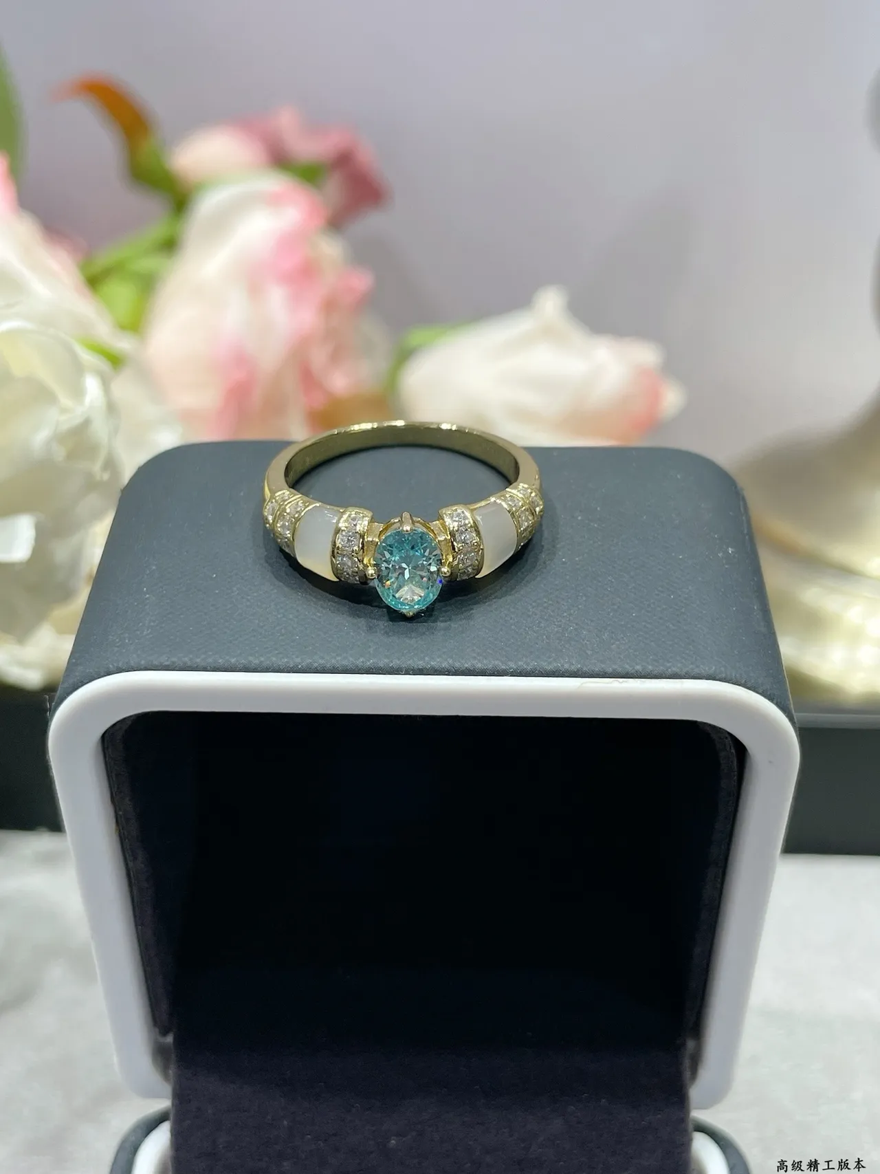 Oval Blue Topaz and Mother-of-Pearl Pavé Ring 7