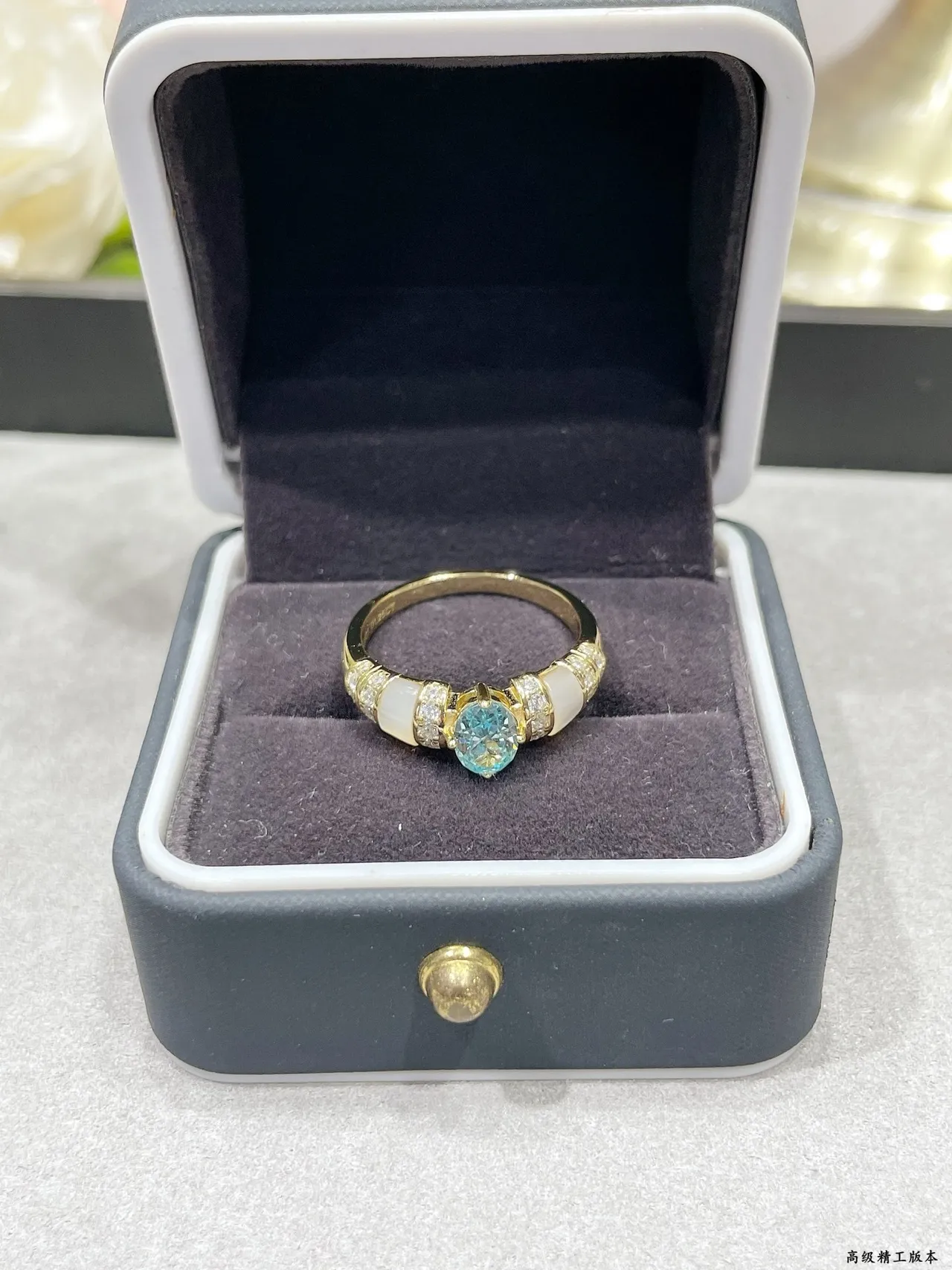 Oval Blue Topaz and Mother-of-Pearl Pavé Ring 8