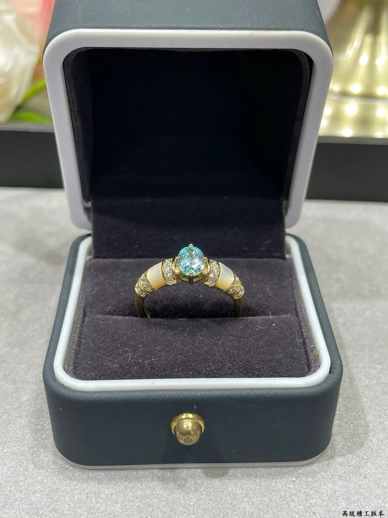Oval Blue Topaz and Mother-of-Pearl Pavé Ring 9