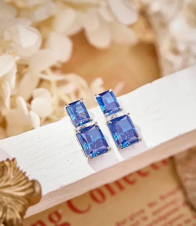 Rectangular-Cut Faceted Blue Gemstone Prong-Set Dual-Stone Stud Earrings 8