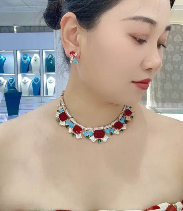Red and Turquoise Geometric Drop Earrings 2