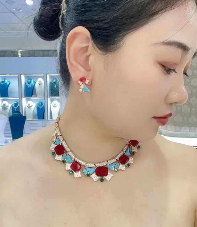 Red and Turquoise Geometric Drop Earrings 3