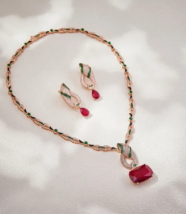 Joyeria con Motivo de Cinta Roja y Verde Trenzada Diamantes Pavé-Set 2