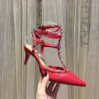 Red Studded T-Strap Pointed-Toe Stilettos