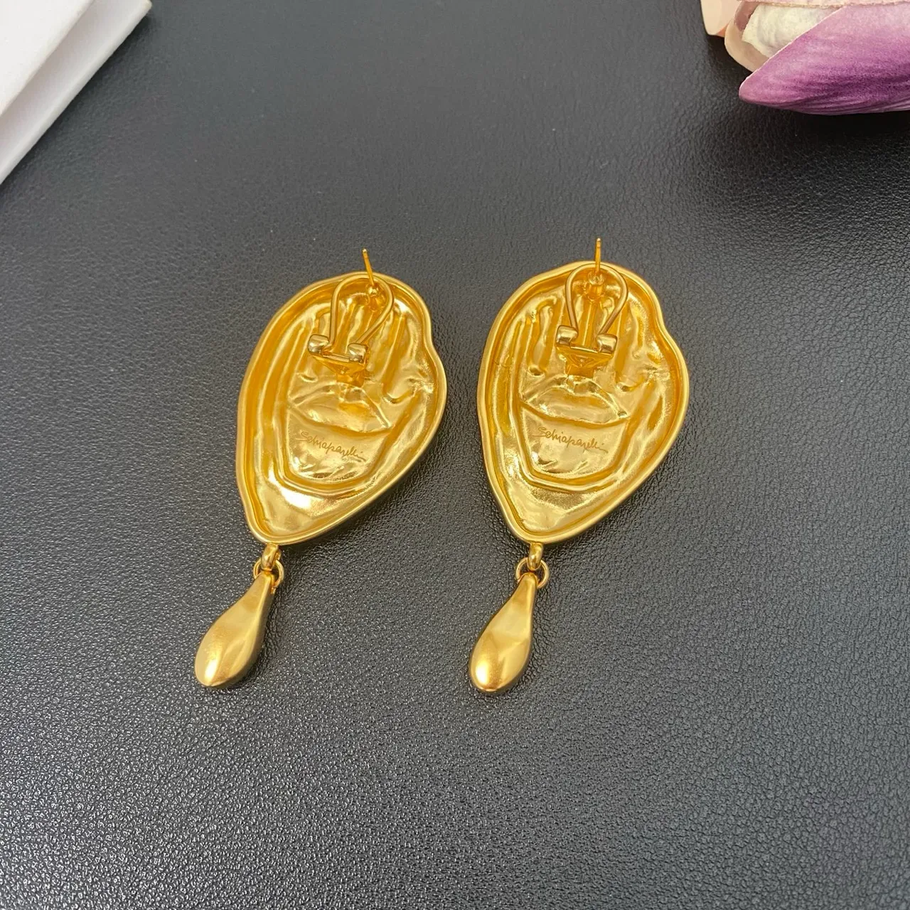 Sculptural Hand and Lips Motif Black Resin Gold-Tone Drop Earrings 2