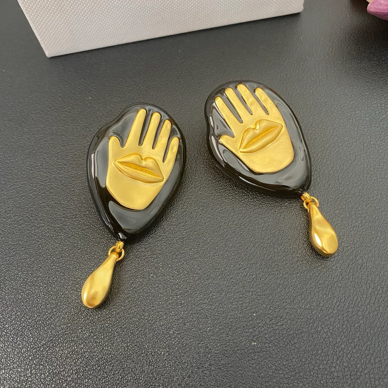 Sculptural Hand and Lips Motif Black Resin Gold-Tone Drop Earrings 3