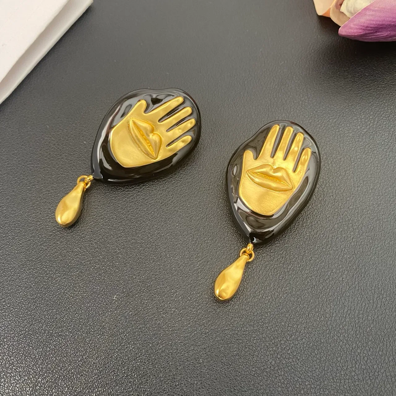 Sculptural Hand and Lips Motif Black Resin Gold-Tone Drop Earrings 4