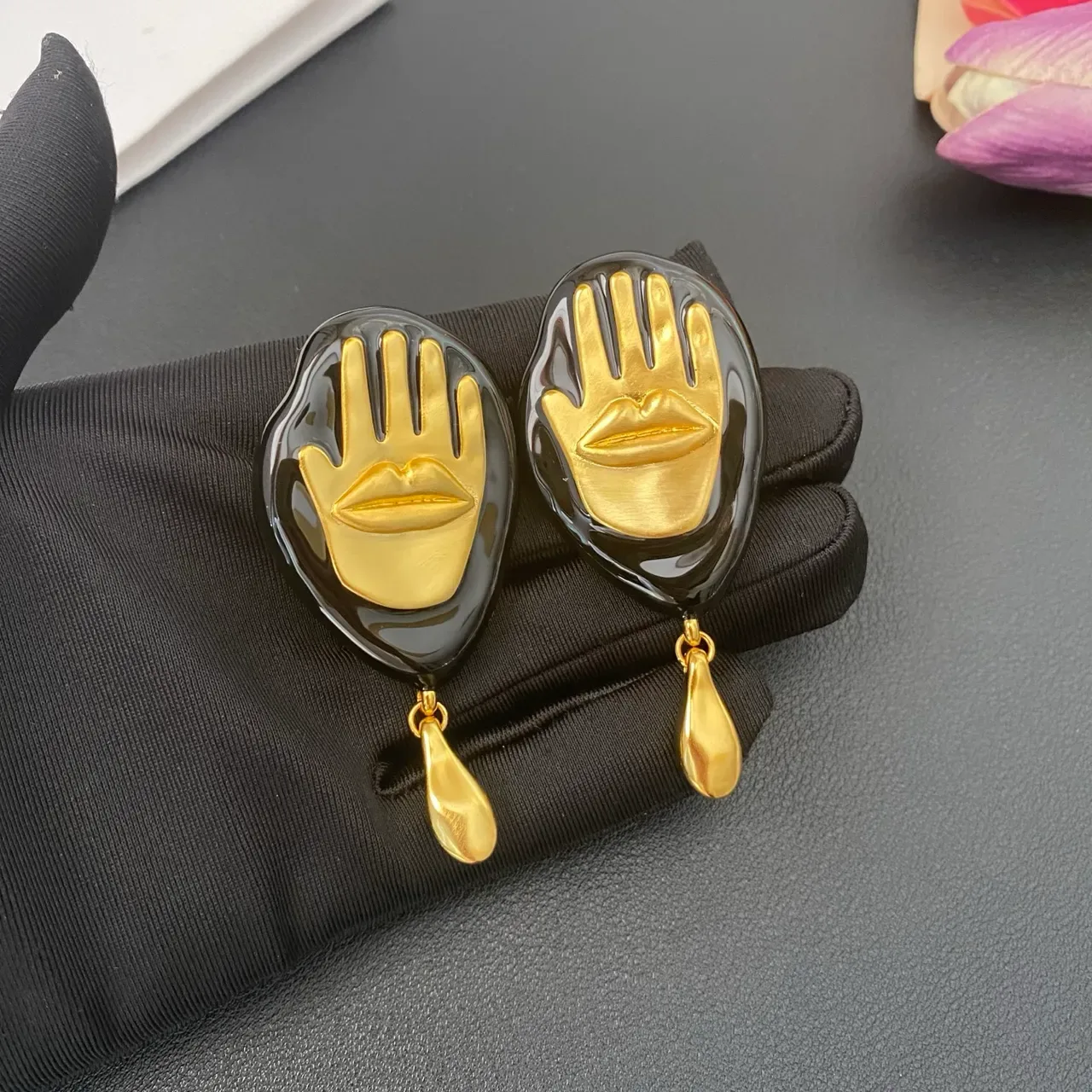 Sculptural Hand and Lips Motif Black Resin Gold-Tone Drop Earrings 5
