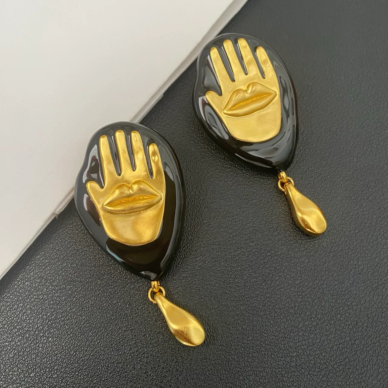 Sculptural Hand and Lips Motif Black Resin Gold-Tone Drop Earrings 6