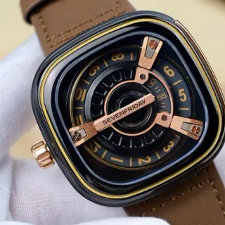 SEVENFRIDAY P-Series काले भूरे वर्गीय कुशन केस मल्टी-लेयर एक्सपोज्ड डायल यांत्रिक वॉच
