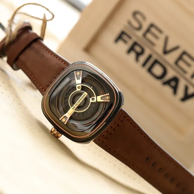 SEVENFRIDAY P-Series حالة مربعة مخددية أسود بني وجه مكشوف متعدد الطبقات ساعة ميكانيكية 8