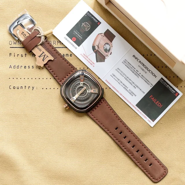 SEVENFRIDAY P-Series حالة مربعة مخددية أسود بني وجه مكشوف متعدد الطبقات ساعة ميكانيكية 15