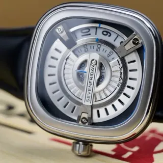 SevenFriday P-Series Silver Black Square Cushion Case Multi-Tiered Rotating Disc Dial Mechanical Watch