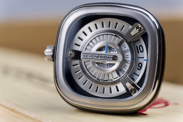 SevenFriday P-Series Silver Black Square Cushion Case Multi-Tiered Rotating Disc Dial Mechanical Watch 6