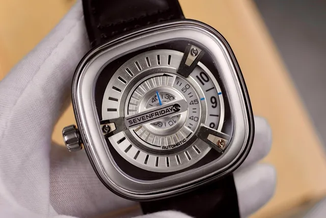 SevenFriday P-Series Silver Black Square Cushion Case Multi-Tiered Rotating Disc Dial Mechanical Watch 7
