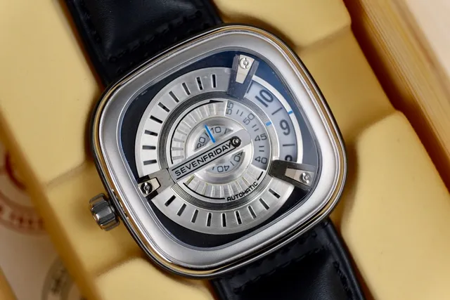 SevenFriday P-Series Silver Black Square Cushion Case Multi-Tiered Rotating Disc Dial Mechanical Watch 8