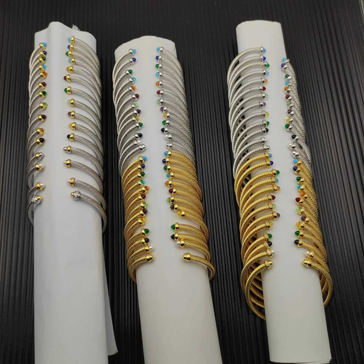 Silver and Gold Tone Cable Wire Gemstone Accent Stackable Bracelets 3