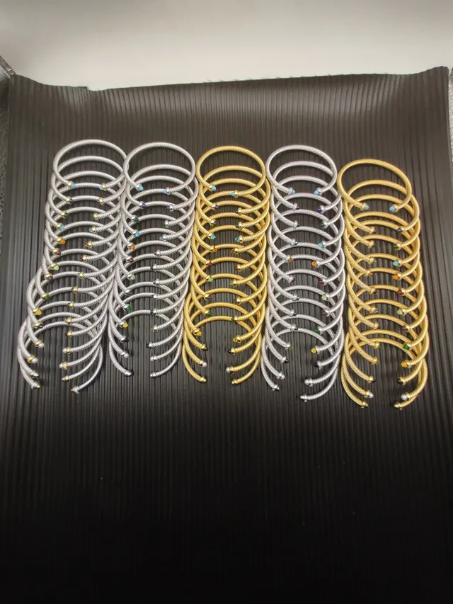 Silver and Gold Tone Cable Wire Gemstone Accent Stackable Bracelets 6