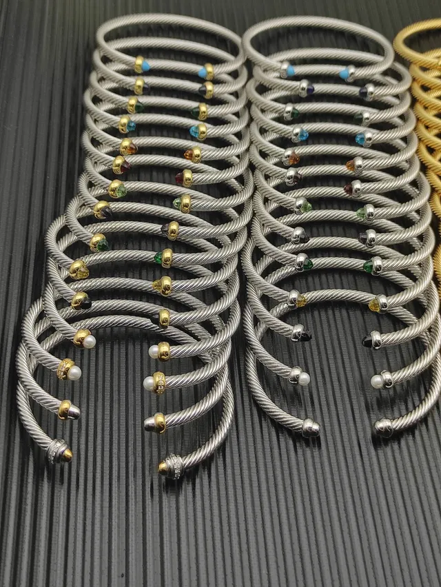 Silver and Gold Tone Cable Wire Gemstone Accent Stackable Bracelets 7