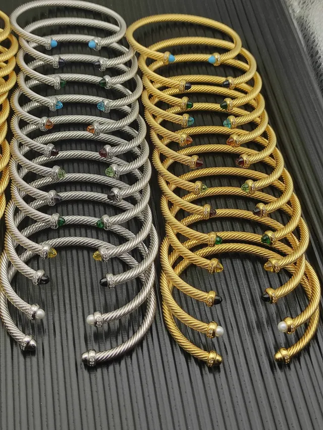 Silver and Gold Tone Cable Wire Gemstone Accent Stackable Bracelets 9
