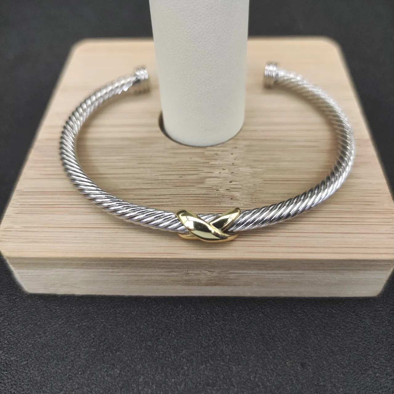 Silver and Gold Two-Tone Twisted Cable Leaf Accent Bracelet 6