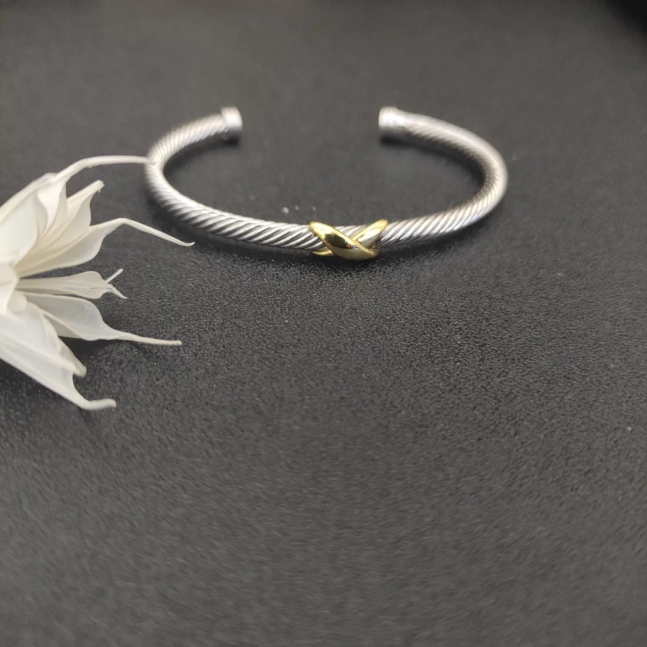 Silver and Gold Two-Tone Twisted Cable Leaf Accent Bracelet 9
