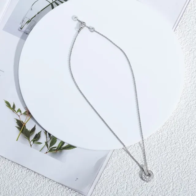 Silver Blue Chain Circular Pavé Pendant Necklace 2