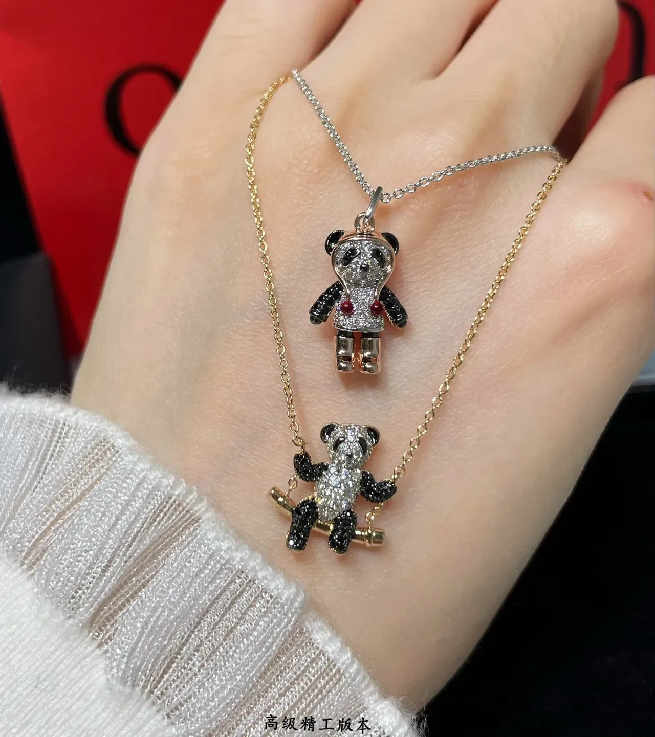 Silver Gold Bear-Shaped Pendant Pave-Set Gemstones Necklace 4
