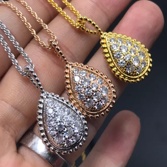 Silver Gold Teardrop Pendant Pave-Set Stones Necklace 3
