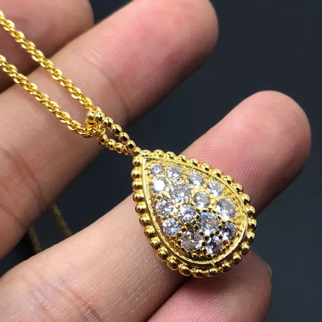 Silver Gold Teardrop Pendant Pave-Set Stones Necklace 5